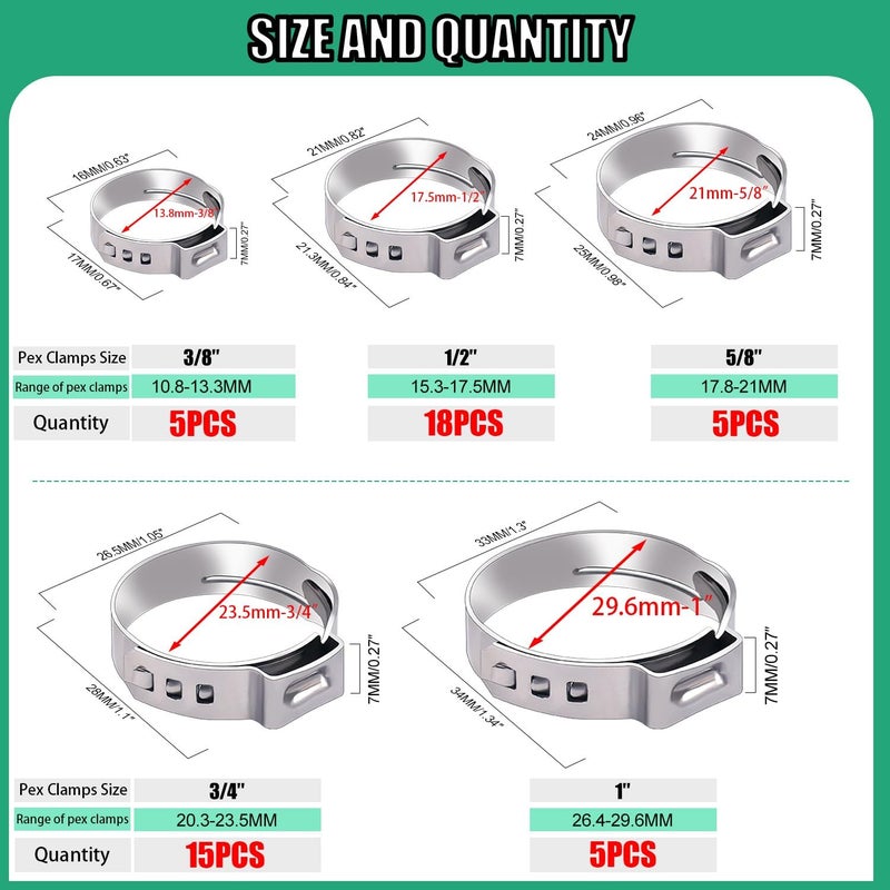 Twidec /48PCS 3/8",1/2",3/4",5/8",1" PEX Cinch Clamps Kit 5 size,Stainless Steel Pex Crimp Rings,Single Ear Hose Clamps For Pex Pipe Fitting Connections N-058-48PCS - Image 2